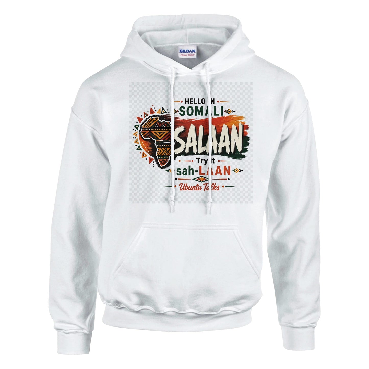 Ubuntu Talks Afar Hello Hoodie — SALAAM (Design 1) — lifestyle model