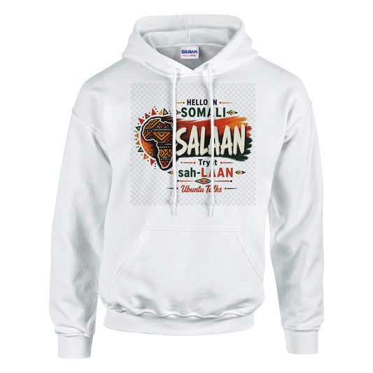 Ubuntu Talks Afar Hello Hoodie — SALAAM (Design 1) — lifestyle model