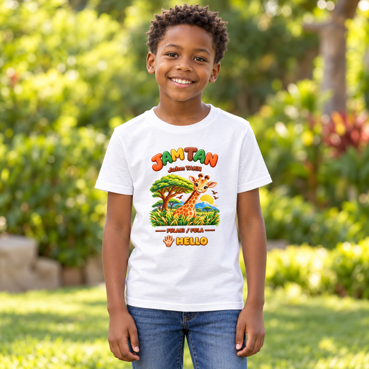 Lil Ubuntu Kids Safari Fulani/Fula youth tee featuring the greeting JAM TAN