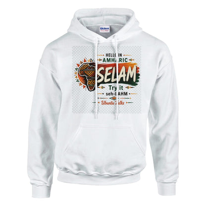 Ubuntu Talks Amharic Hello Hoodie — SELAM (Design 1) — lifestyle model