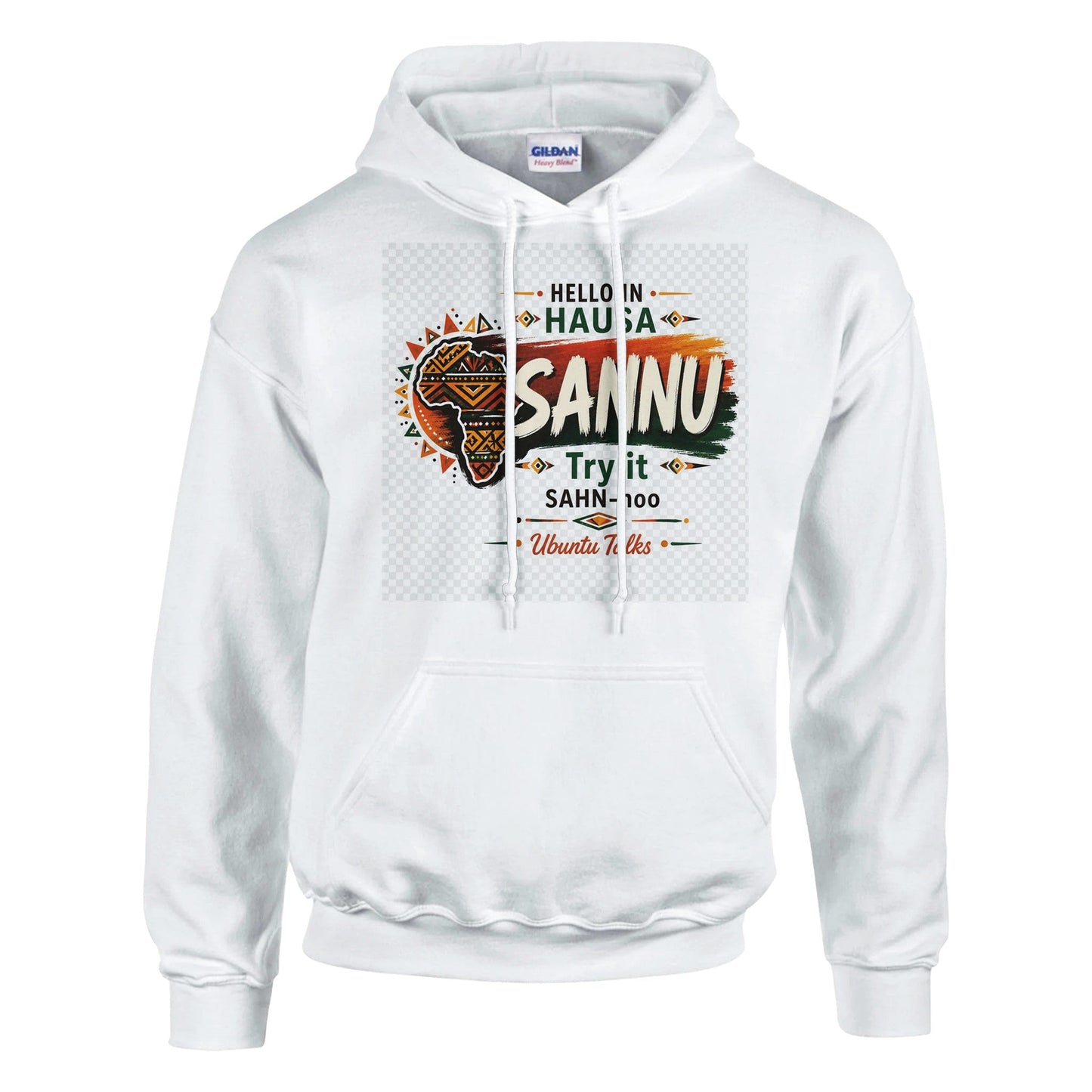 Ubuntu Talks Hausa Hello Hoodie — SANNU (Design 1) — lifestyle model