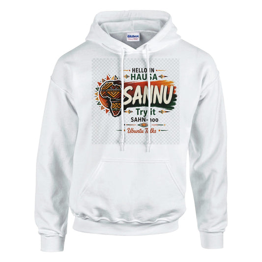 Ubuntu Talks Hausa Hello Hoodie — SANNU (Design 1) — lifestyle model