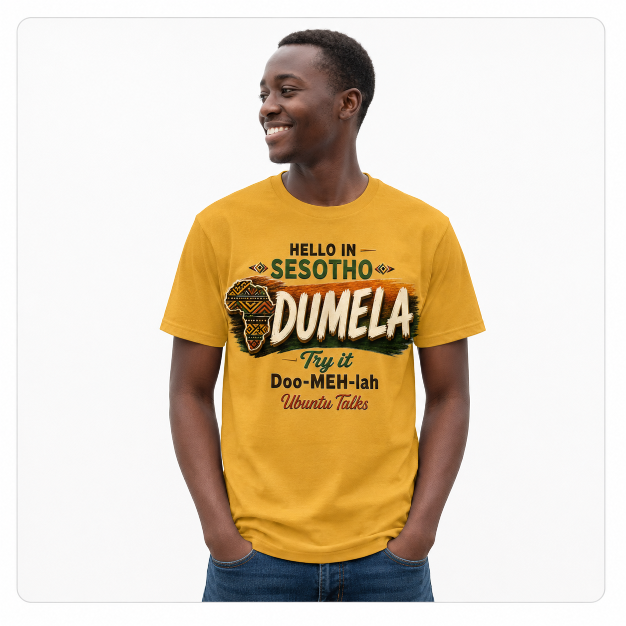Custom model mockup — Dumela Sesotho tee