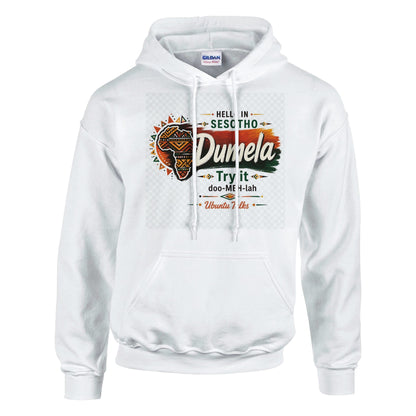 Ubuntu Talks Sesotho Hello Hoodie — DUMELA (Design 1) — lifestyle model