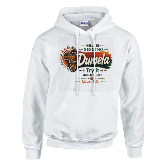 Ubuntu Talks Sesotho Hello Hoodie — DUMELA (Design 1) — lifestyle model