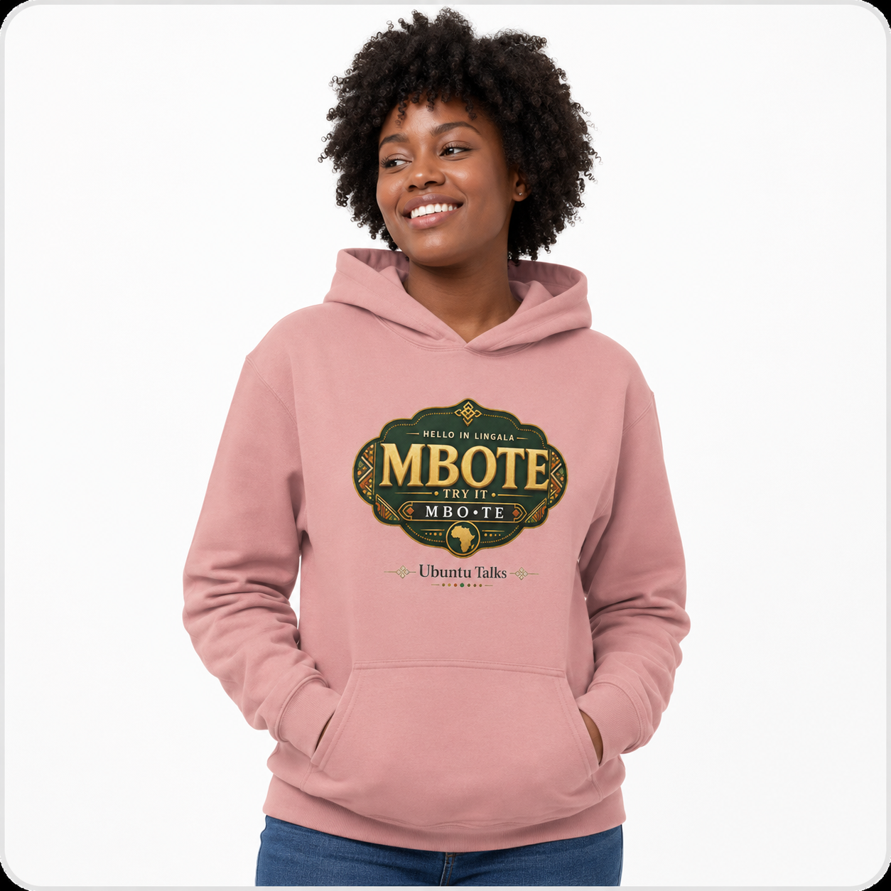 Custom model mockup — Mbote Lingala hoodie