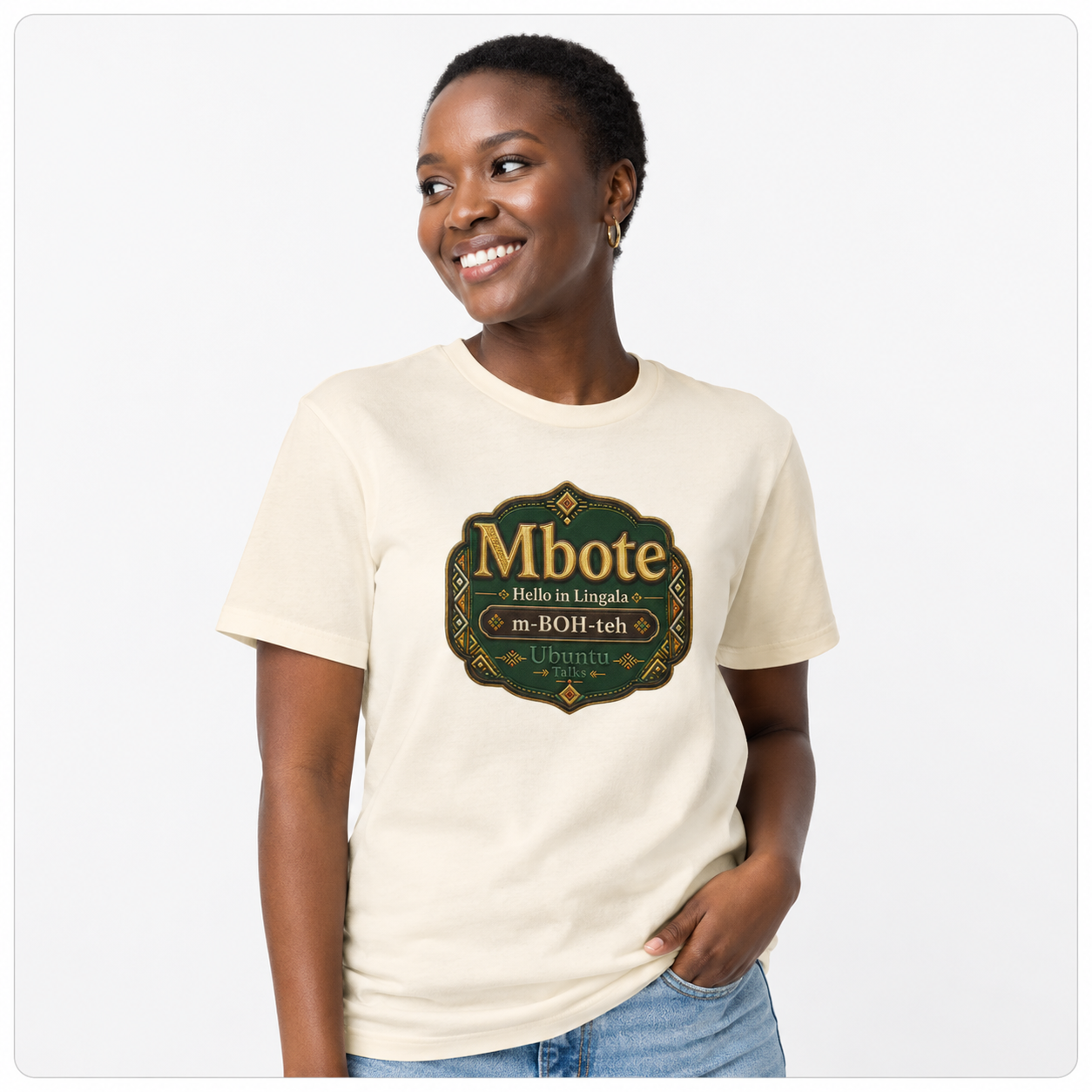 Custom model mockup — Mbote Lingala tee