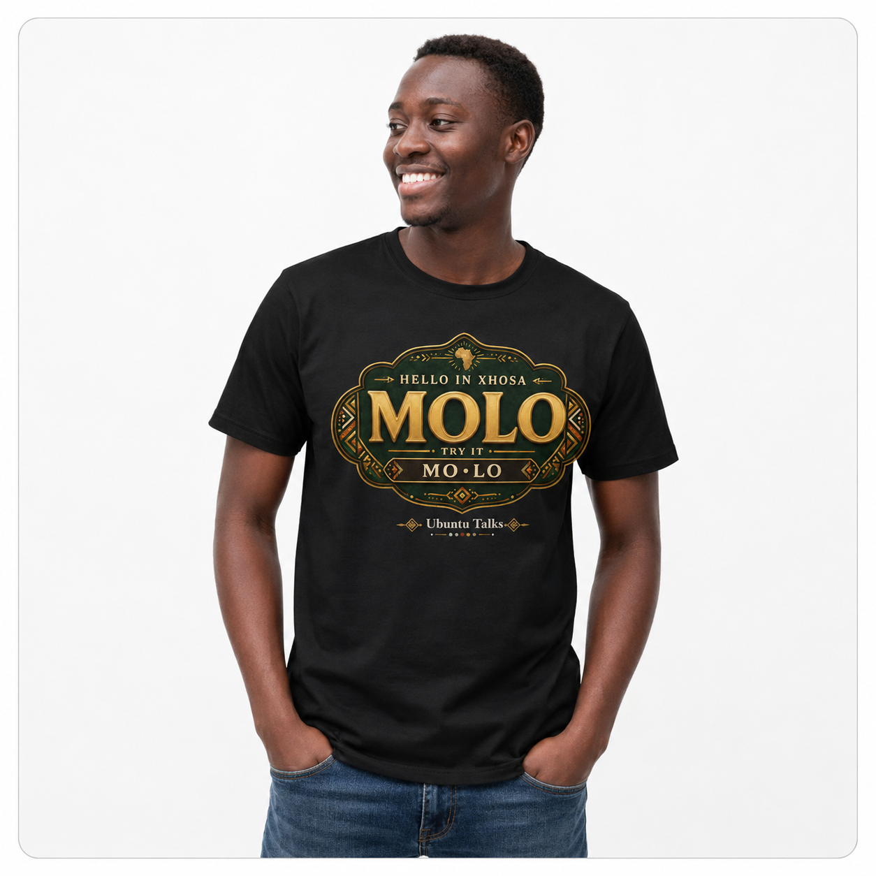 Custom model mockup — Molo Xhosa tee