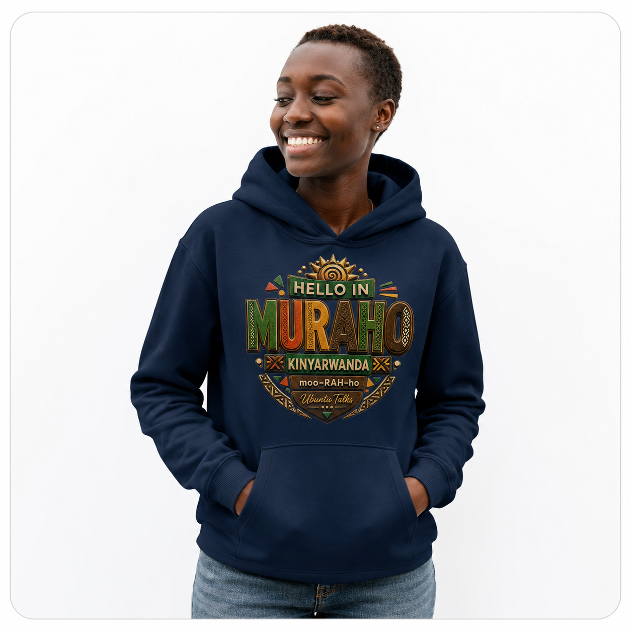 Custom model mockup — Muraho Kinyarwanda hoodie
