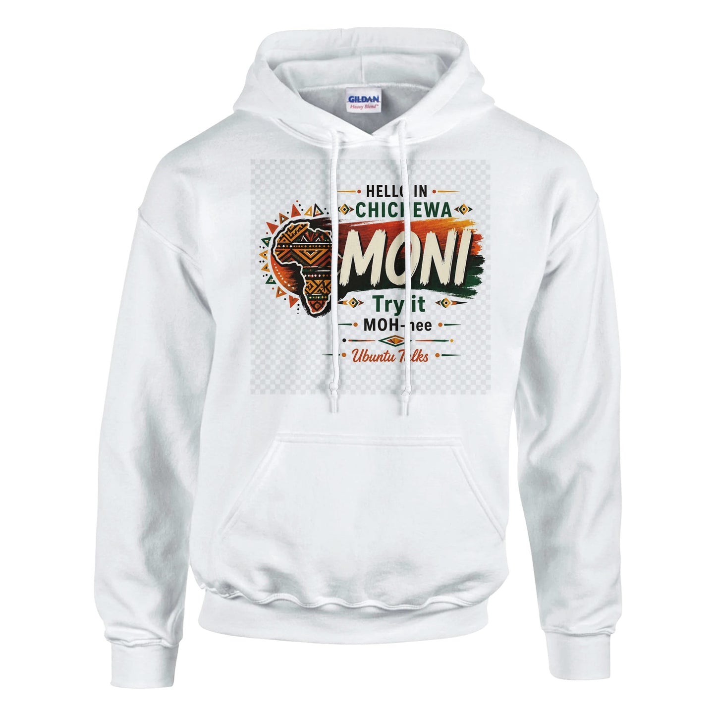 Ubuntu Talks Chichewa Hello Hoodie — MONI (Design 1) — lifestyle model