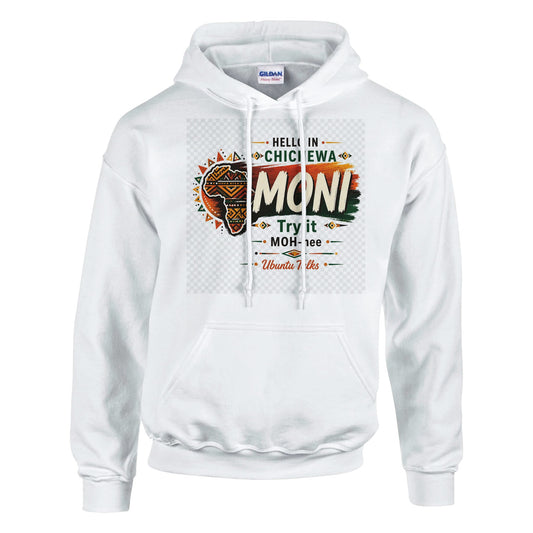 Ubuntu Talks Chichewa Hello Hoodie — MONI (Design 1) — lifestyle model