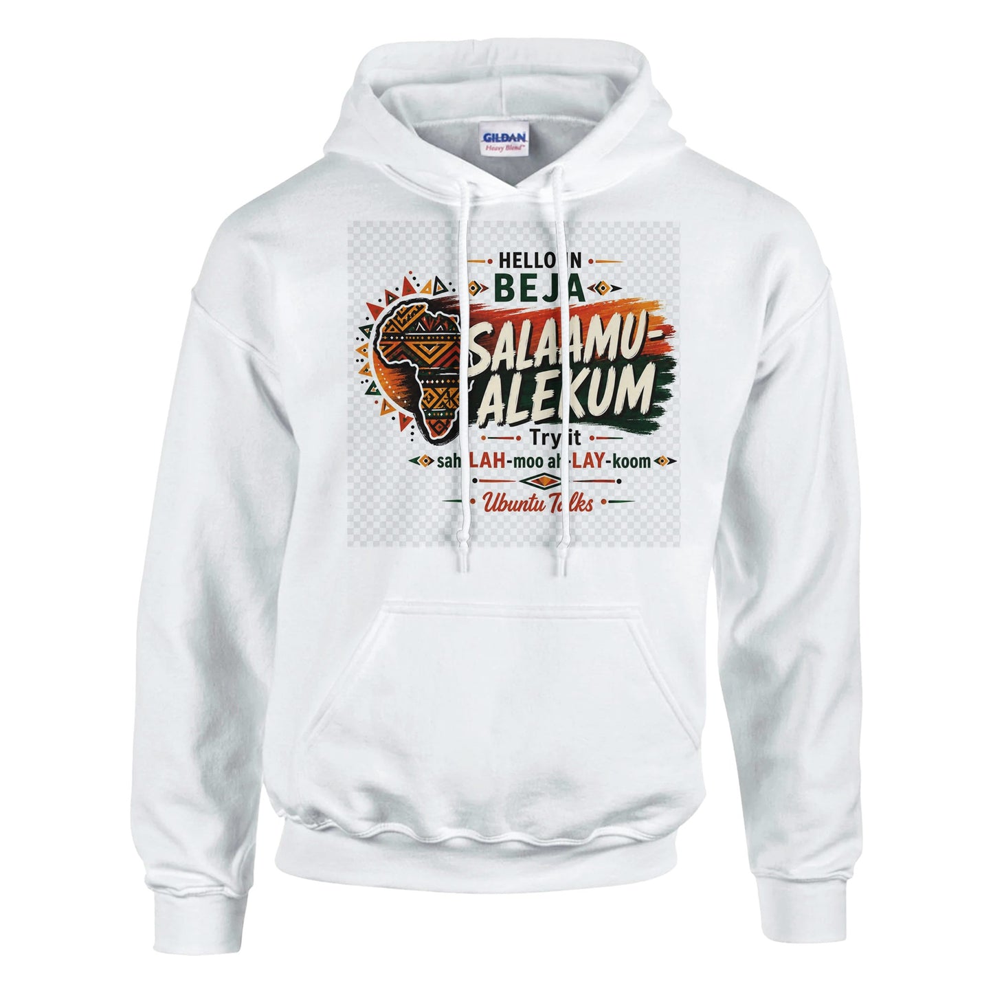 Ubuntu Talks Siswati Hello Hoodie — SAWUBONA (Design 1) — Gelato product mockup