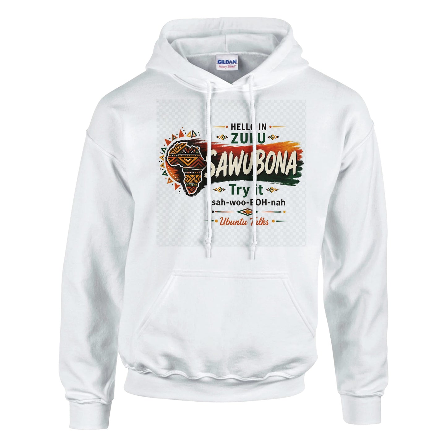 Ubuntu Talks Zulu Hello Hoodie — SAWUBONA (Design 1) — lifestyle model