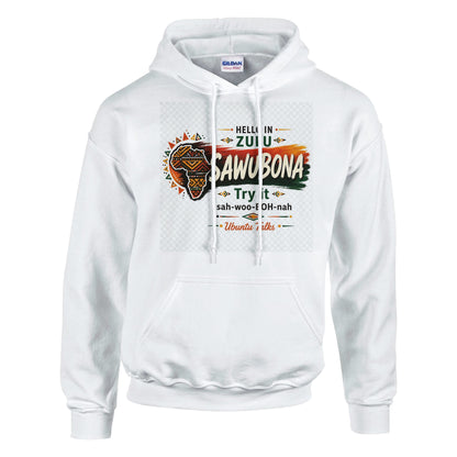 Ubuntu Talks Zulu Hello Hoodie — SAWUBONA (Design 1) — lifestyle model