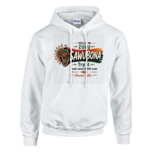 Ubuntu Talks Zulu Hello Hoodie — SAWUBONA (Design 1) — lifestyle model