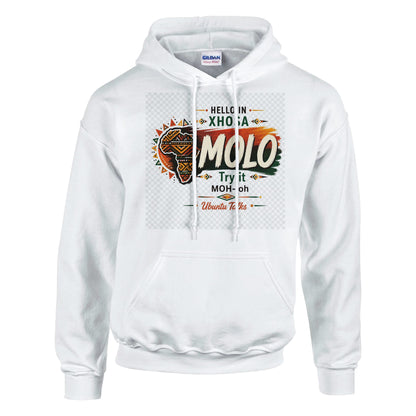 Ubuntu Talks Xhosa Hello Hoodie — MOLO (Design 1) — lifestyle model