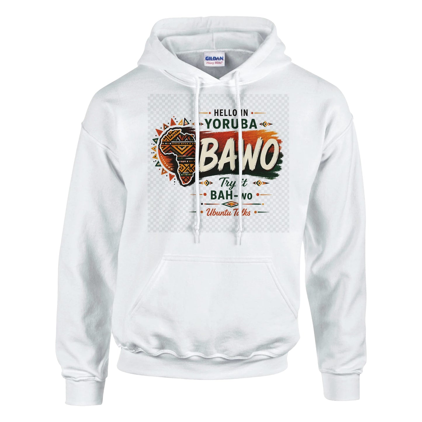 Ubuntu Talks Yoruba Hello Hoodie — BAWO (Design 1) — Gelato product mockup
