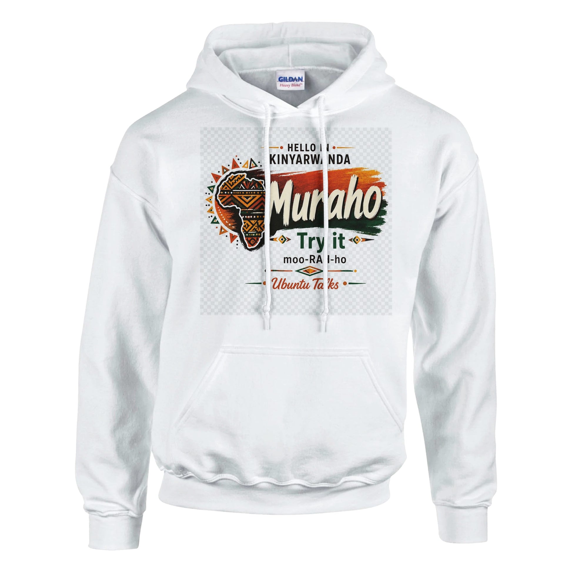 Ubuntu Talks Kinyarwanda Hello Hoodie — MURAHO (Design 1) — lifestyle model