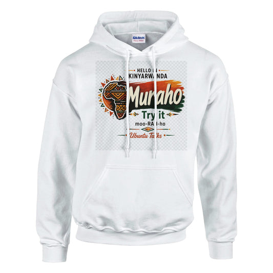 Ubuntu Talks Kinyarwanda Hello Hoodie — MURAHO (Design 1) — lifestyle model