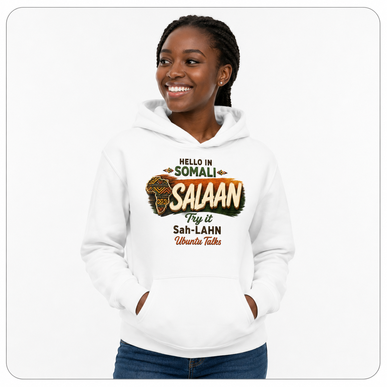 Custom model mockup — Salaan Somali hoodie