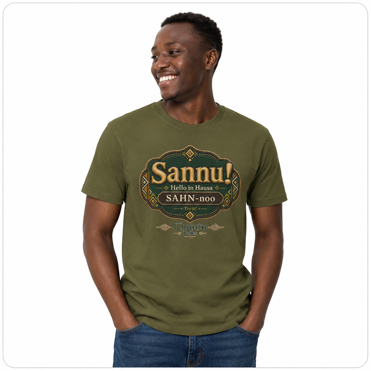 Custom model mockup — Sannu Hausa tee