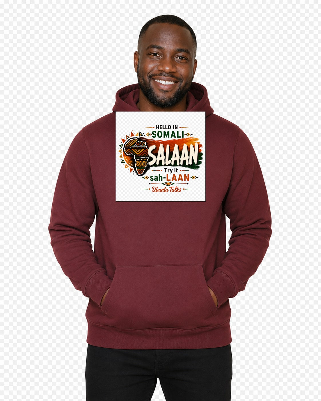 Ubuntu Talks Afar Hello Hoodie — SALAAM (Design 1) — lifestyle model