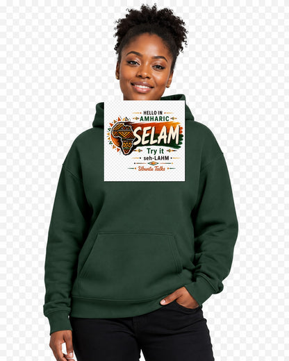 Ubuntu Talks Amharic Hello Hoodie — SELAM (Design 1) — lifestyle model