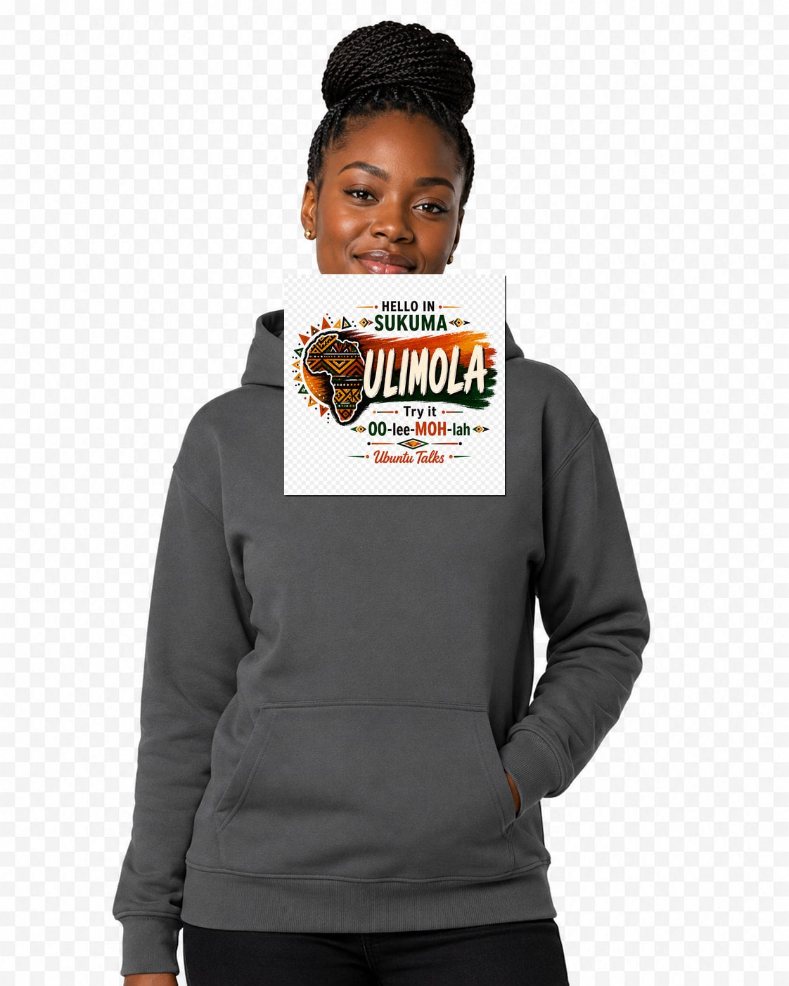 Ubuntu Talks Fulani / Fula Hello Hoodie — JAM TAN (Design 1) — lifestyle model