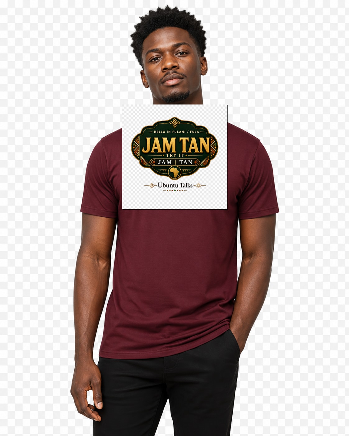 ubuntu-talks-fulani-fula-hello-tee-d02 — Custom model mockup