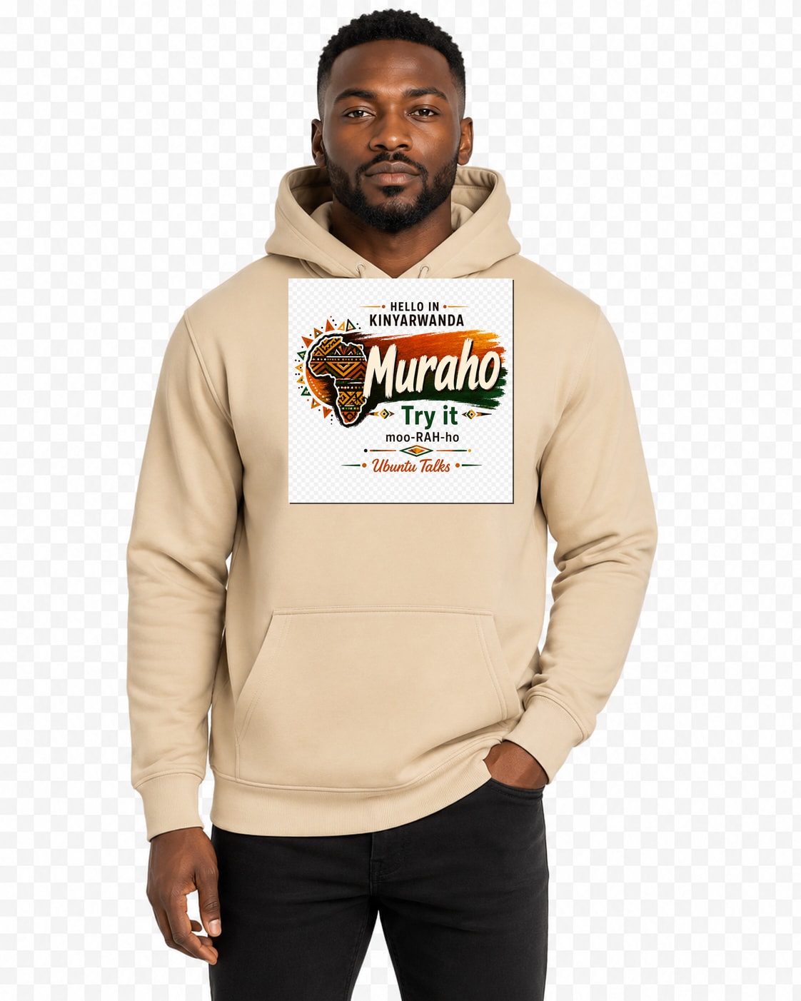 Ubuntu Talks Kinyarwanda Hello Hoodie — MURAHO (Design 1) — lifestyle model