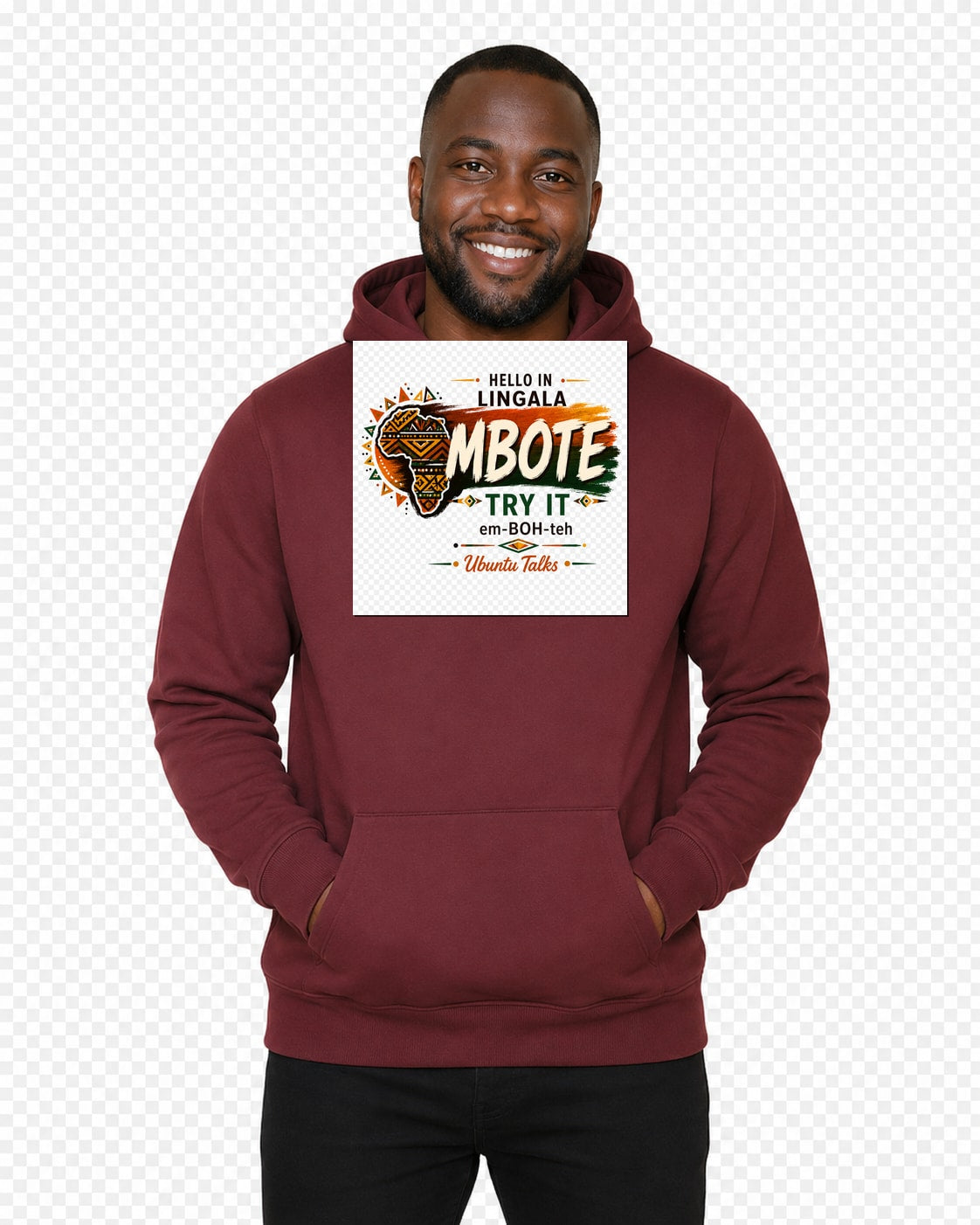 Ubuntu Talks Lingala Hello Hoodie — MBOTE (Design 1) — lifestyle model