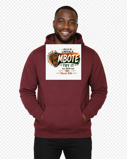 Ubuntu Talks Lingala Hello Hoodie — MBOTE (Design 1) — lifestyle model