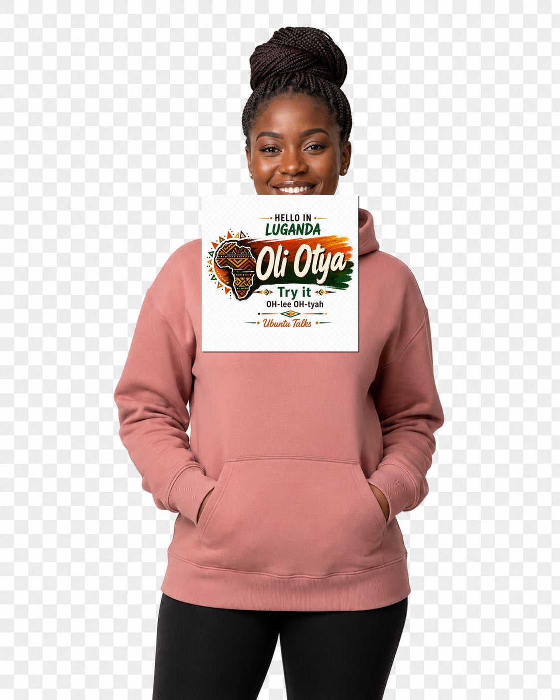 Ubuntu Talks Luganda Hello Hoodie — OLI OTYA (Design 1) — lifestyle model