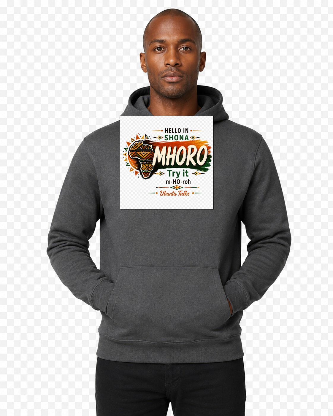 ubuntu-talks-shona-hello-hoodie-d01 — Custom model mockup