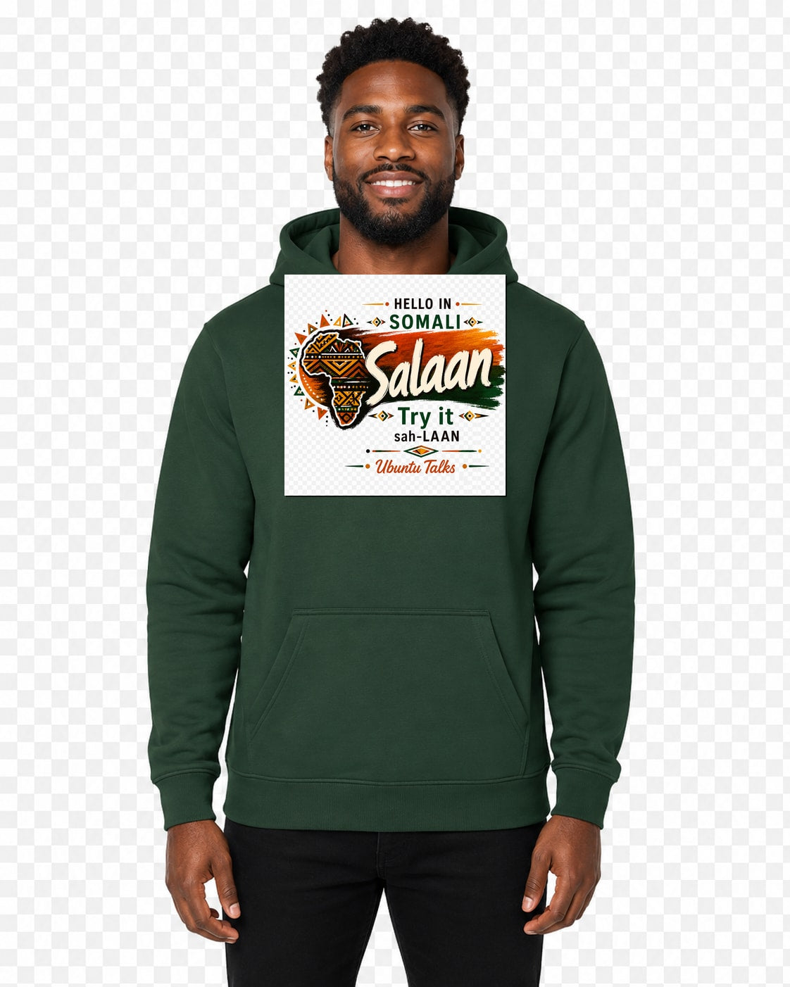 Ubuntu Talks Somali Hello Hoodie — SALAAN (Design 1) — lifestyle model