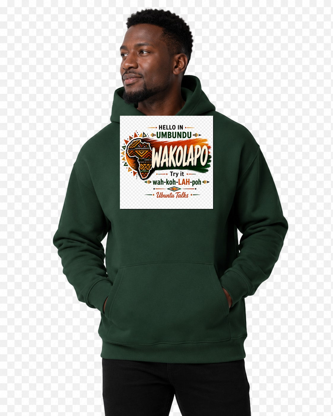 Ubuntu Talks Tigrinya Hello Hoodie — SELAM (Design 1) — lifestyle model