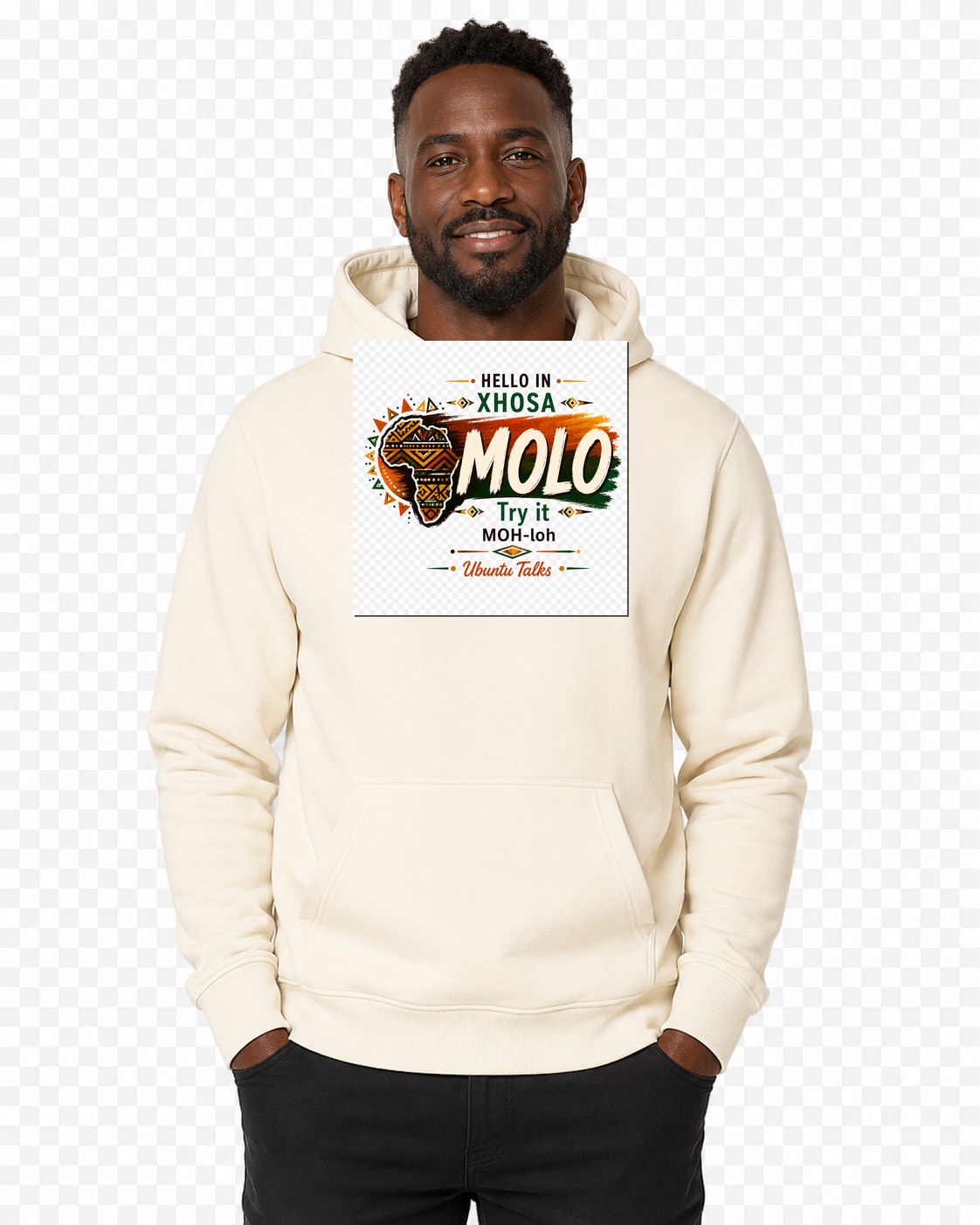 Ubuntu Talks Xhosa Hello Hoodie — MOLO (Design 1) — lifestyle model
